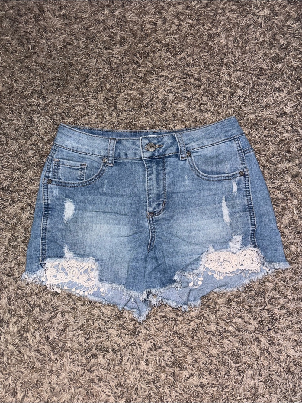 Denim Lace Trim High-Rise Women’s Shorts - Light Blue